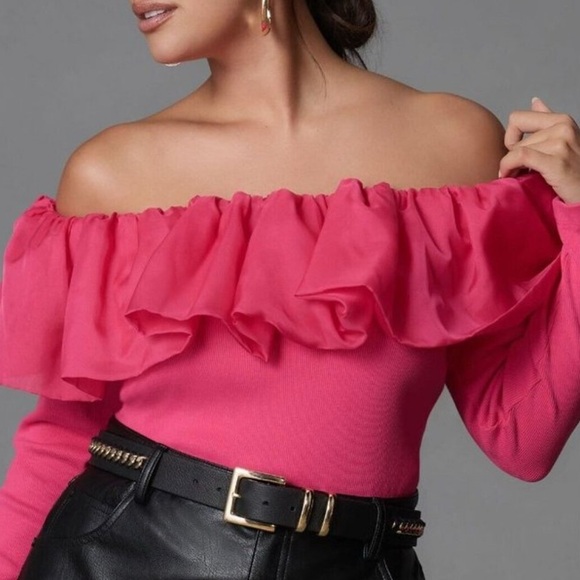 By Anthropologie Off-The-Shoulder Organza Ruffle Top Small Pink - Picture 2 of 9